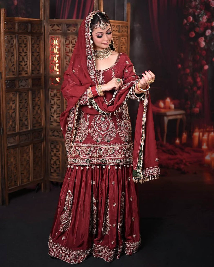 Maroon Heavy Faux Georgette Embroidered Suit Set with Sequin Work & Fancy Latkan Dupatta Clothsvilla
