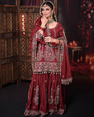 Maroon Heavy Faux Georgette Embroidered Suit Set with Sequin Work & Fancy Latkan Dupatta Clothsvilla
