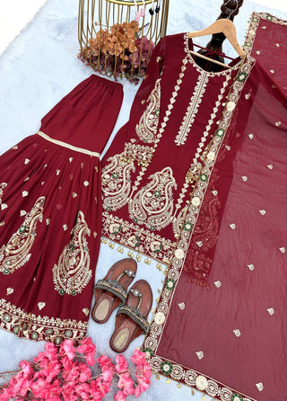 Maroon Heavy Faux Georgette Embroidered Suit Set with Sequin Work & Fancy Latkan Dupatta Clothsvilla