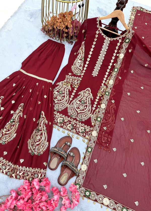 Maroon Heavy Faux Georgette Embroidered Suit Set with Sequin Work & Fancy Latkan Dupatta Clothsvilla