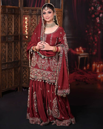 Maroon Heavy Faux Georgette Embroidered Suit Set with Sequin Work & Fancy Latkan Dupatta Clothsvilla