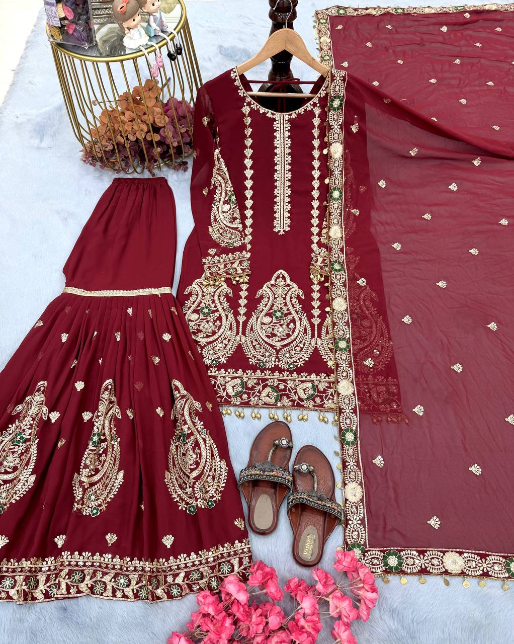 Maroon Heavy Faux Georgette Embroidered Suit Set with Sequin Work & Fancy Latkan Dupatta Clothsvilla