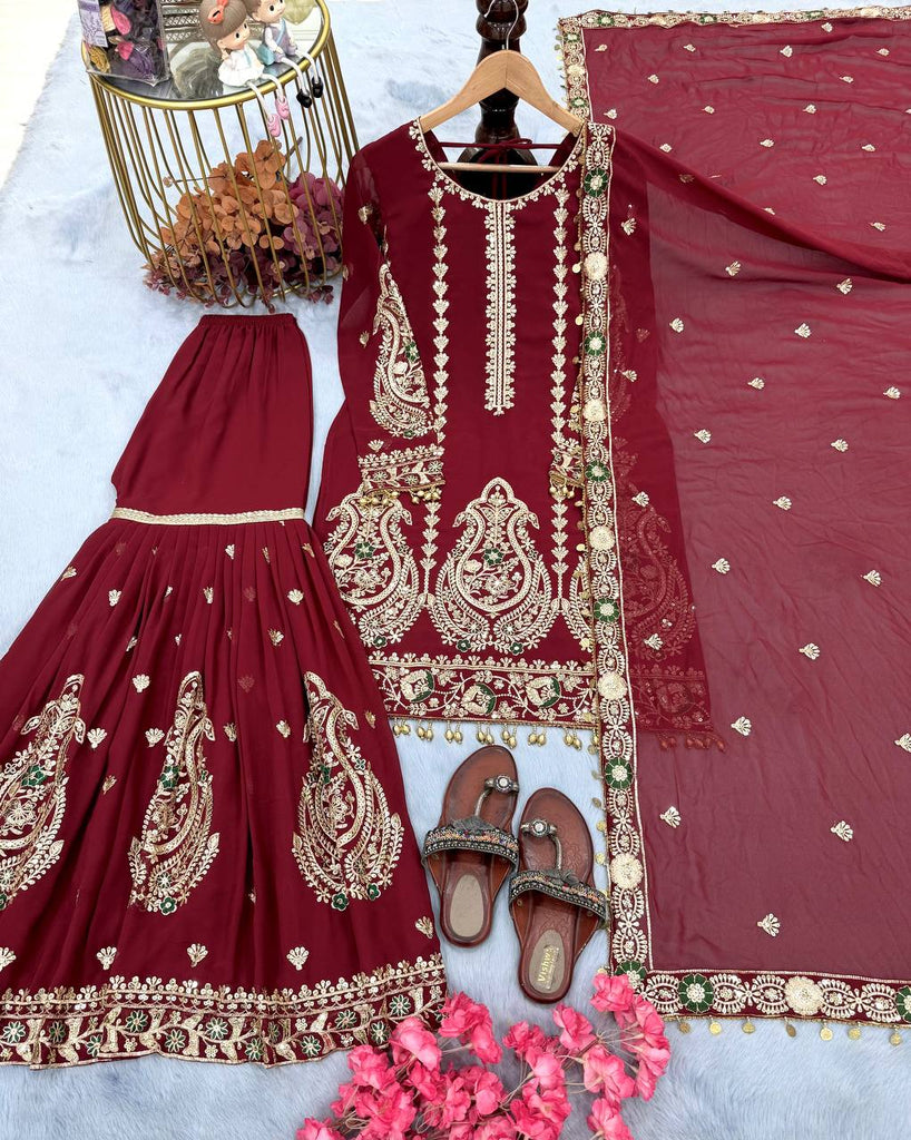 Maroon Heavy Faux Georgette Embroidered Suit Set with Sequin Work & Fancy Latkan Dupatta Clothsvilla
