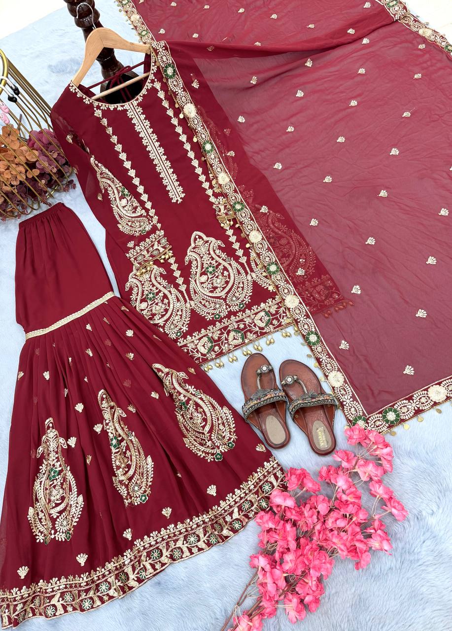 Maroon Heavy Faux Georgette Embroidered Suit Set with Sequin Work & Fancy Latkan Dupatta Clothsvilla