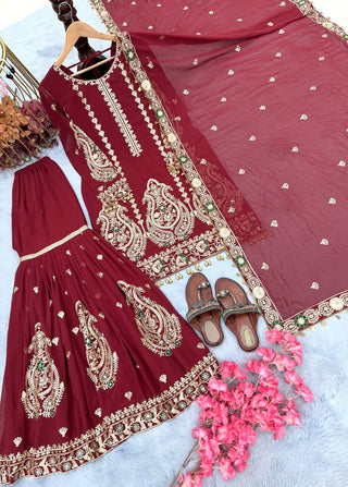 Maroon Heavy Faux Georgette Embroidered Suit Set with Sequin Work & Fancy Latkan Dupatta Clothsvilla