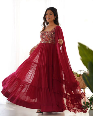 Maroon Heavy Soft Fox Georgette Embroidered Anarkali Gown Set with 8+ Meter Flair, Ruffle Dupatta & Matching Pant – Fully Stitched Designer Wear ClothsVilla