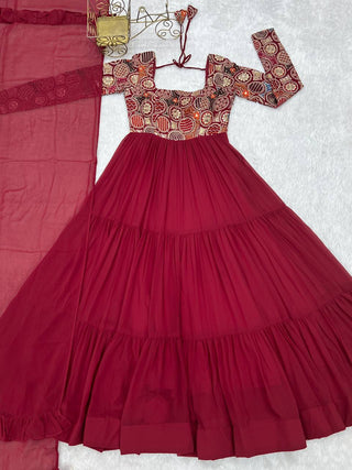 Maroon Heavy Soft Fox Georgette Embroidered Anarkali Gown Set with 8+ Meter Flair, Ruffle Dupatta & Matching Pant – Fully Stitched Designer Wear ClothsVilla