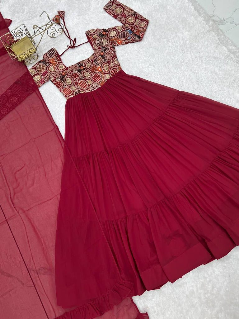 Maroon Heavy Soft Fox Georgette Embroidered Anarkali Gown Set with 8+ Meter Flair, Ruffle Dupatta & Matching Pant – Fully Stitched Designer Wear ClothsVilla