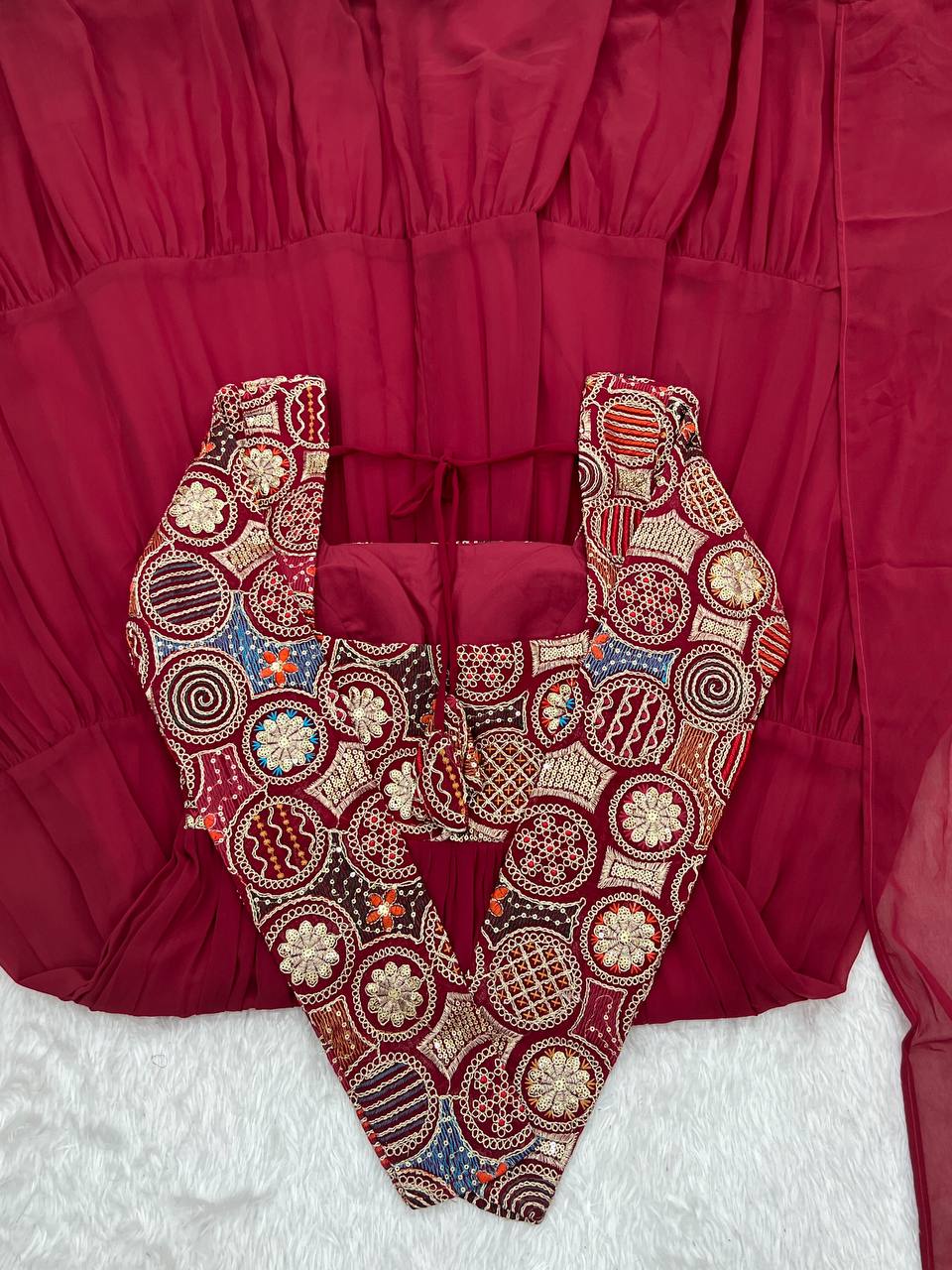 Maroon Heavy Soft Fox Georgette Embroidered Anarkali Gown Set with 8+ Meter Flair, Ruffle Dupatta & Matching Pant – Fully Stitched Designer Wear ClothsVilla