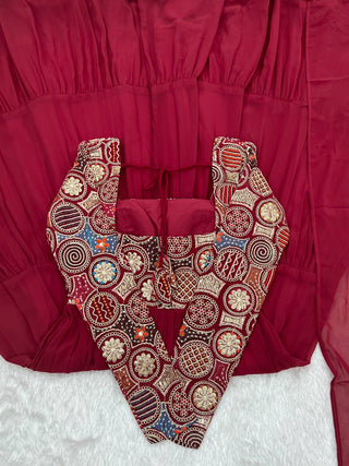 Maroon Heavy Soft Fox Georgette Embroidered Anarkali Gown Set with 8+ Meter Flair, Ruffle Dupatta & Matching Pant – Fully Stitched Designer Wear ClothsVilla