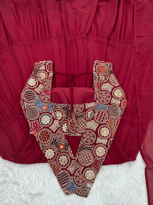 Maroon Heavy Soft Fox Georgette Embroidered Anarkali Gown Set with 8+ Meter Flair, Ruffle Dupatta & Matching Pant – Fully Stitched Designer Wear ClothsVilla