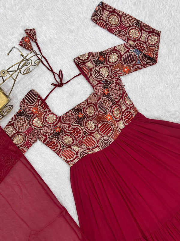 Maroon Heavy Soft Fox Georgette Embroidered Anarkali Gown Set with 8+ Meter Flair, Ruffle Dupatta & Matching Pant – Fully Stitched Designer Wear ClothsVilla