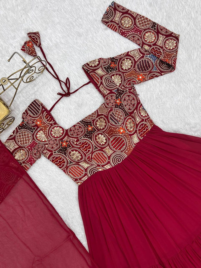 Maroon Heavy Soft Fox Georgette Embroidered Anarkali Gown Set with 8+ Meter Flair, Ruffle Dupatta & Matching Pant – Fully Stitched Designer Wear ClothsVilla