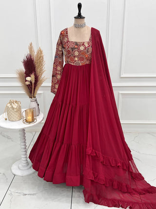 Maroon Heavy Soft Fox Georgette Embroidered Anarkali Gown Set with 8+ Meter Flair, Ruffle Dupatta & Matching Pant – Fully Stitched Designer Wear ClothsVilla