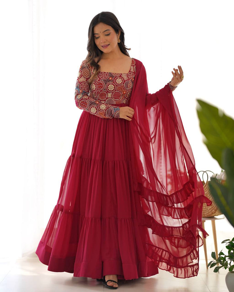 Maroon Heavy Soft Fox Georgette Embroidered Anarkali Gown Set with 8+ Meter Flair, Ruffle Dupatta & Matching Pant – Fully Stitched Designer Wear ClothsVilla