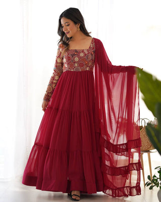 Maroon Heavy Soft Fox Georgette Embroidered Anarkali Gown Set with 8+ Meter Flair, Ruffle Dupatta & Matching Pant – Fully Stitched Designer Wear ClothsVilla