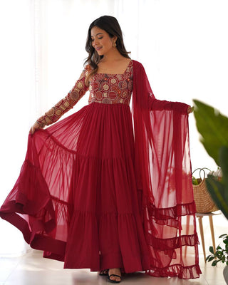 Maroon Heavy Soft Fox Georgette Embroidered Anarkali Gown Set with 8+ Meter Flair, Ruffle Dupatta & Matching Pant – Fully Stitched Designer Wear ClothsVilla