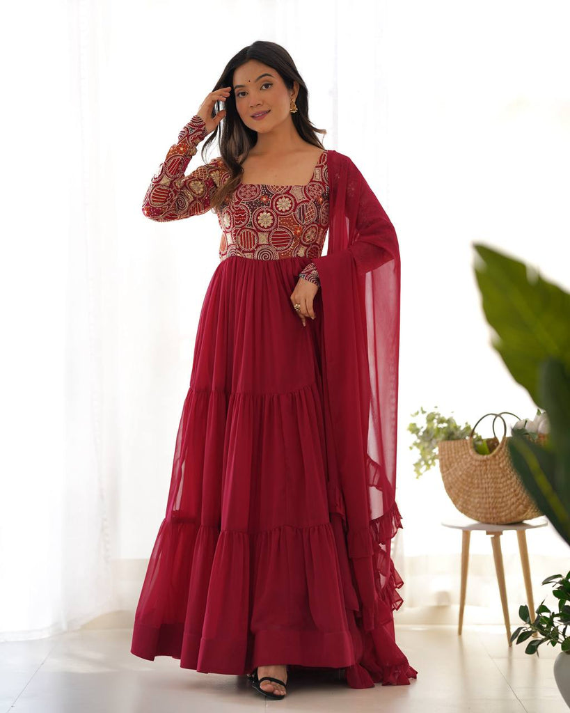 Maroon Heavy Soft Fox Georgette Embroidered Anarkali Gown Set with 8+ Meter Flair, Ruffle Dupatta & Matching Pant – Fully Stitched Designer Wear ClothsVilla
