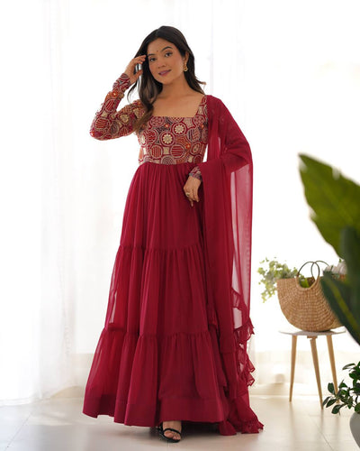 Maroon Heavy Soft Fox Georgette Embroidered Anarkali Gown Set with 8+ Meter Flair, Ruffle Dupatta & Matching Pant – Fully Stitched Designer Wear ClothsVilla
