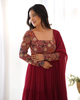 Maroon Heavy Soft Fox Georgette Embroidered Anarkali Gown Set with 8+ Meter Flair, Ruffle Dupatta & Matching Pant – Fully Stitched Designer Wear ClothsVilla