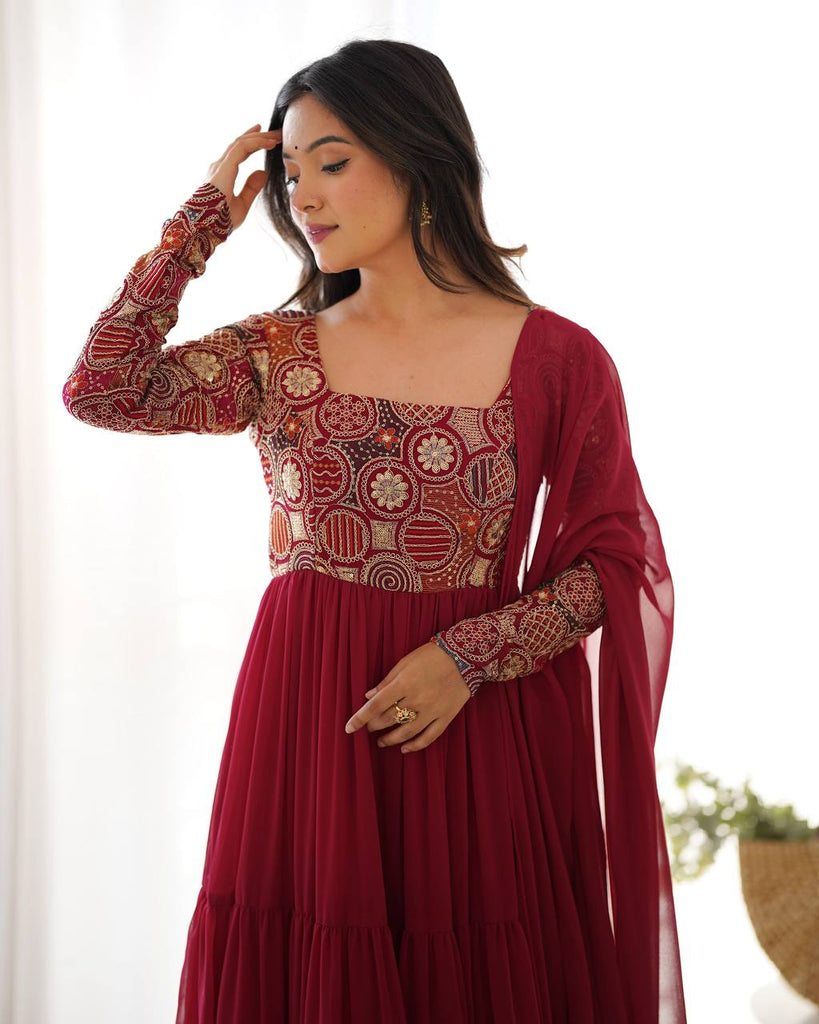 Maroon Heavy Soft Fox Georgette Embroidered Anarkali Gown Set with 8+ Meter Flair, Ruffle Dupatta & Matching Pant – Fully Stitched Designer Wear ClothsVilla