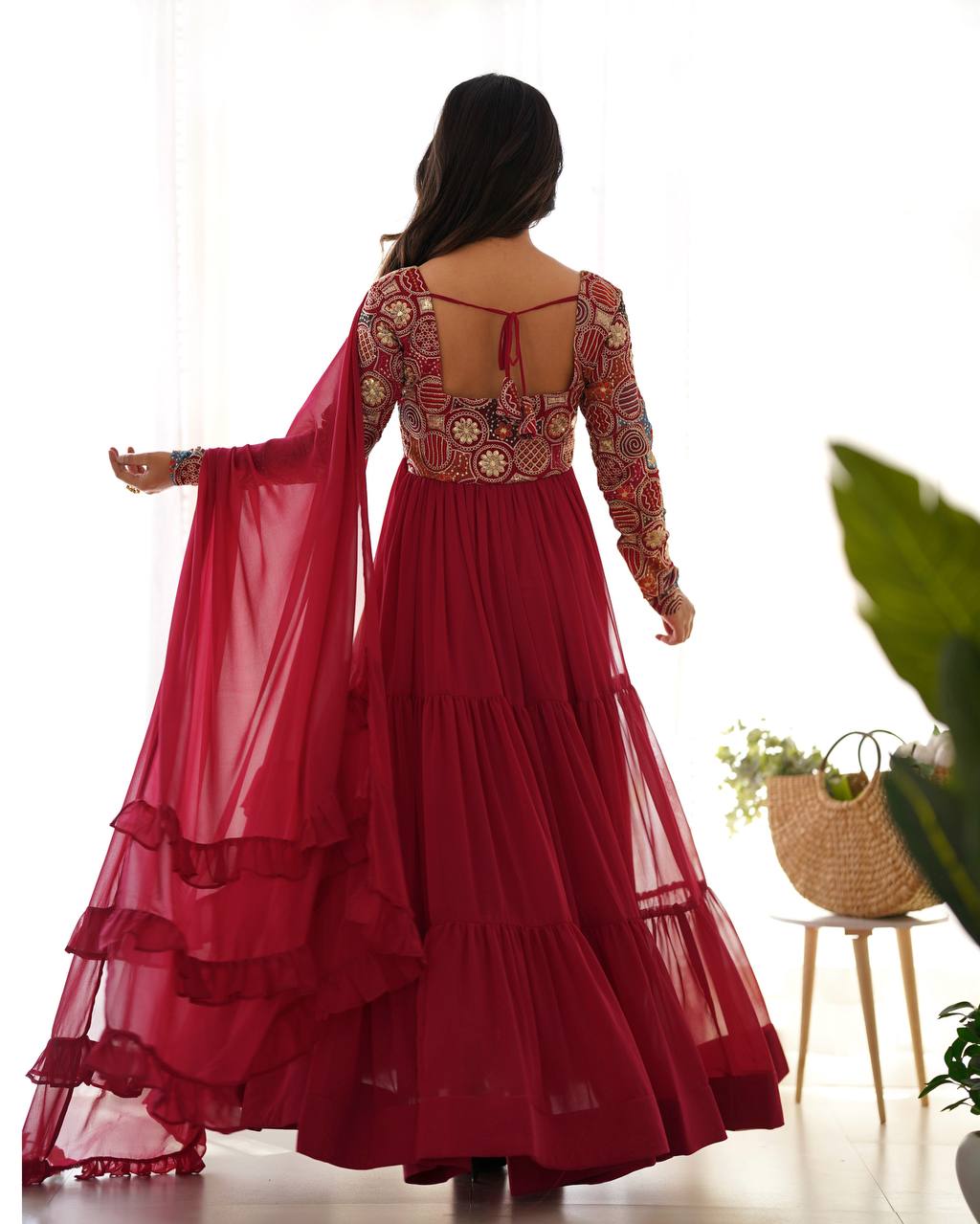 Maroon Heavy Soft Fox Georgette Embroidered Anarkali Gown Set with 8+ Meter Flair, Ruffle Dupatta & Matching Pant – Fully Stitched Designer Wear ClothsVilla