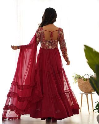 Maroon Heavy Soft Fox Georgette Embroidered Anarkali Gown Set with 8+ Meter Flair, Ruffle Dupatta & Matching Pant – Fully Stitched Designer Wear ClothsVilla