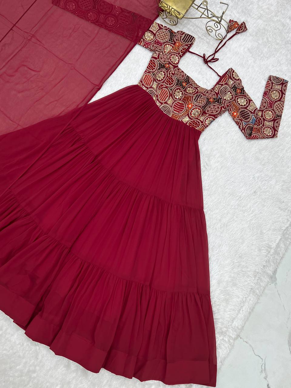 Maroon Heavy Soft Fox Georgette Embroidered Anarkali Gown Set with 8+ Meter Flair, Ruffle Dupatta & Matching Pant – Fully Stitched Designer Wear ClothsVilla