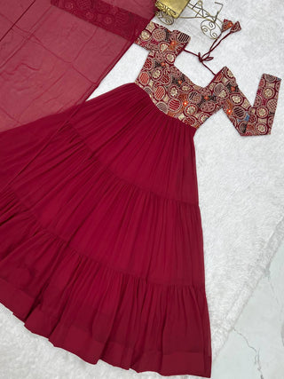 Maroon Heavy Soft Fox Georgette Embroidered Anarkali Gown Set with 8+ Meter Flair, Ruffle Dupatta & Matching Pant – Fully Stitched Designer Wear ClothsVilla