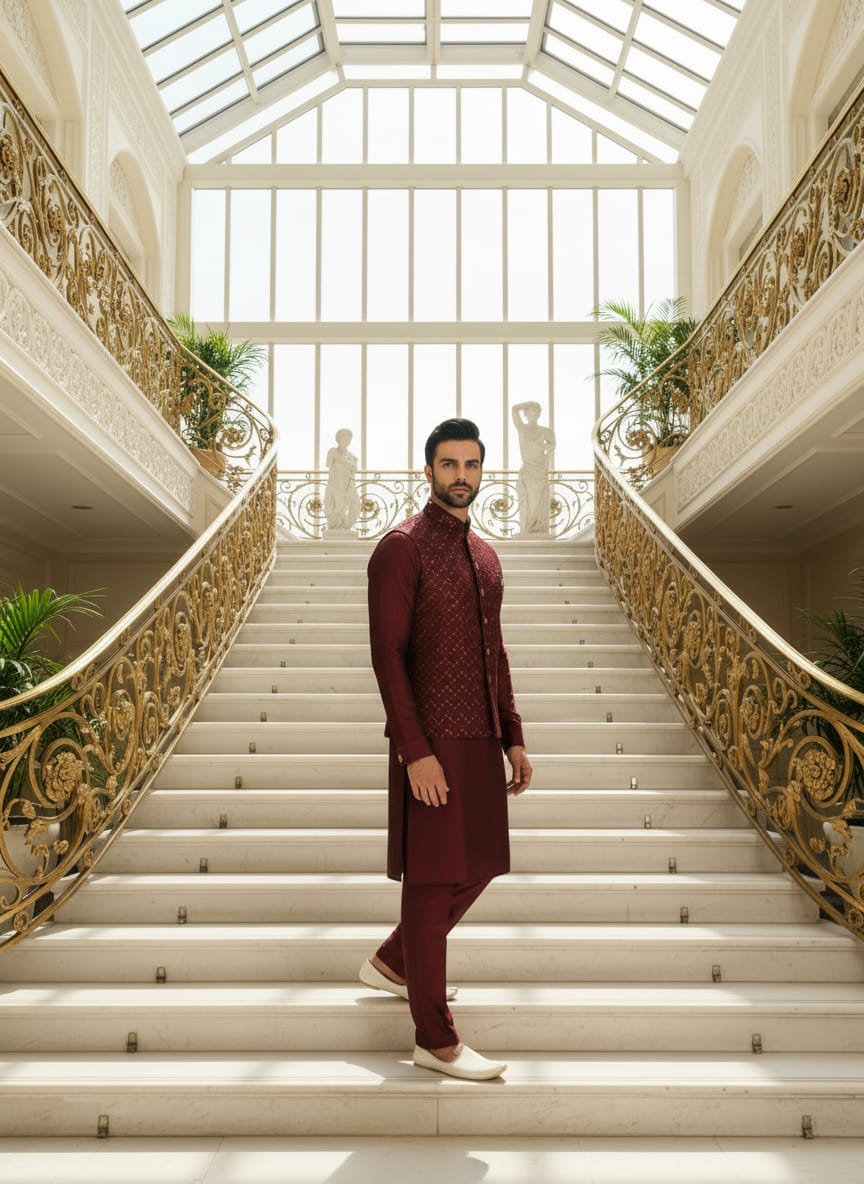 Maroon Jalburry Kurta Pant Set ClothsVilla