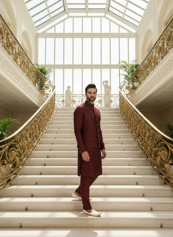 Maroon Jalburry Kurta Pant Set ClothsVilla