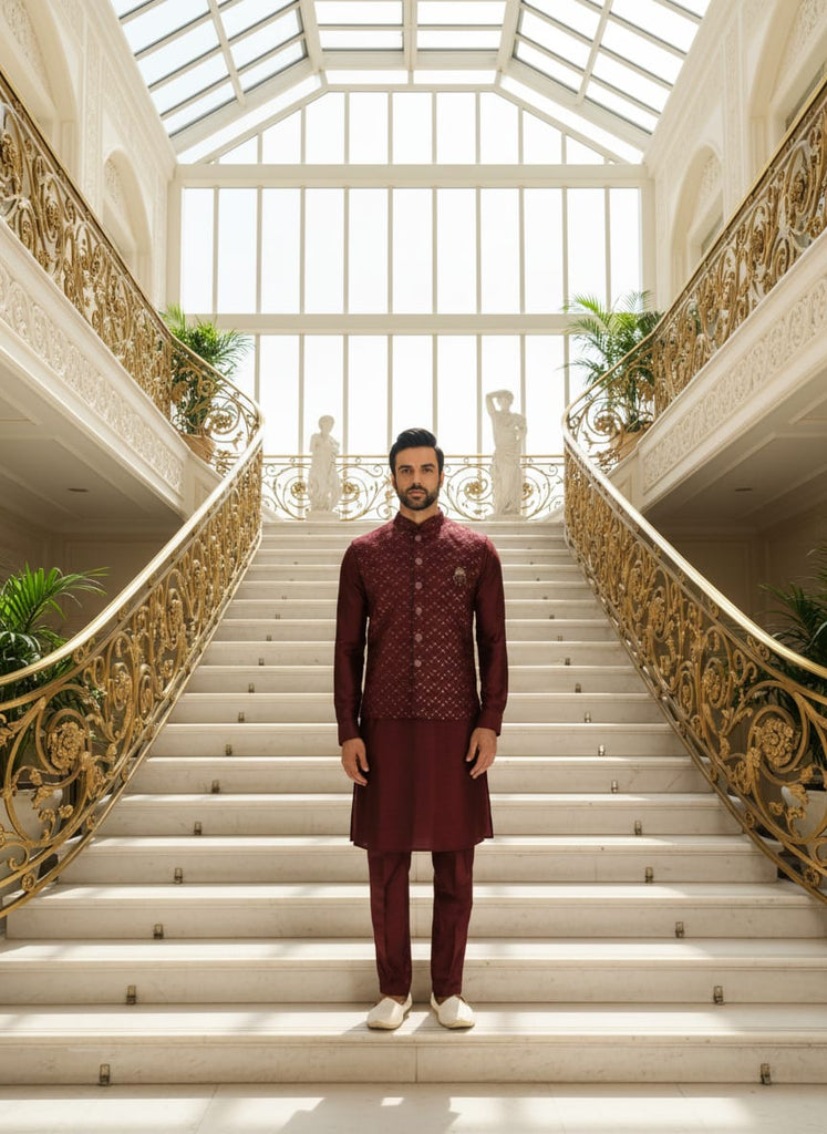 Maroon Jalburry Kurta Pant Set ClothsVilla