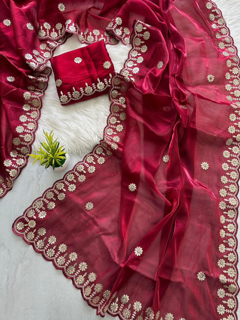 Maroon Jimmy Choo Saree with Beautiful Jaipuri Gota Work – Complete with Matching Running Blouse ClothsVilla