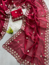 Load image into Gallery viewer, Maroon Jimmy Choo Saree with Beautiful Jaipuri Gota Work – Complete with Matching Running Blouse ClothsVilla