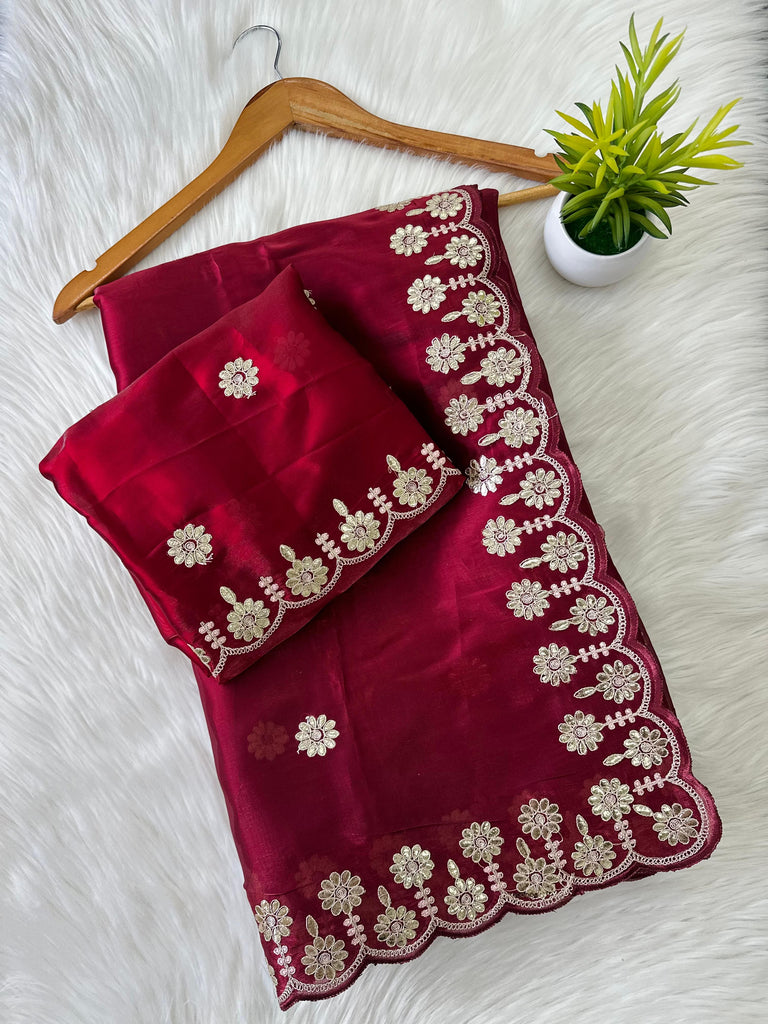 Maroon Jimmy Choo Saree with Beautiful Jaipuri Gota Work – Complete with Matching Running Blouse ClothsVilla