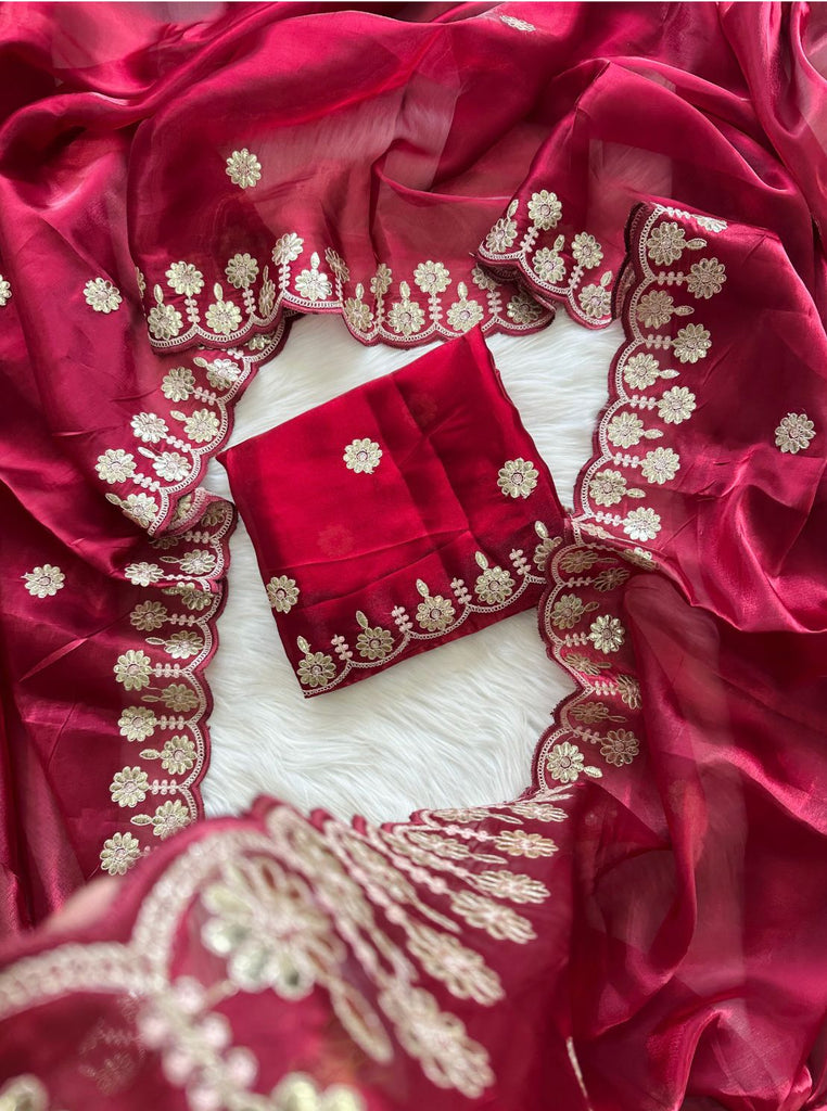 Maroon Jimmy Choo Saree with Beautiful Jaipuri Gota Work – Complete with Matching Running Blouse ClothsVilla