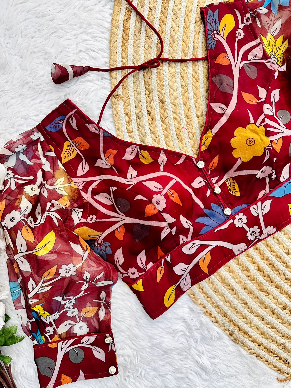 Maroon Kalamkari Print Rajbhog Organza Blouse with Elegant Buttons ClothsVilla Main image