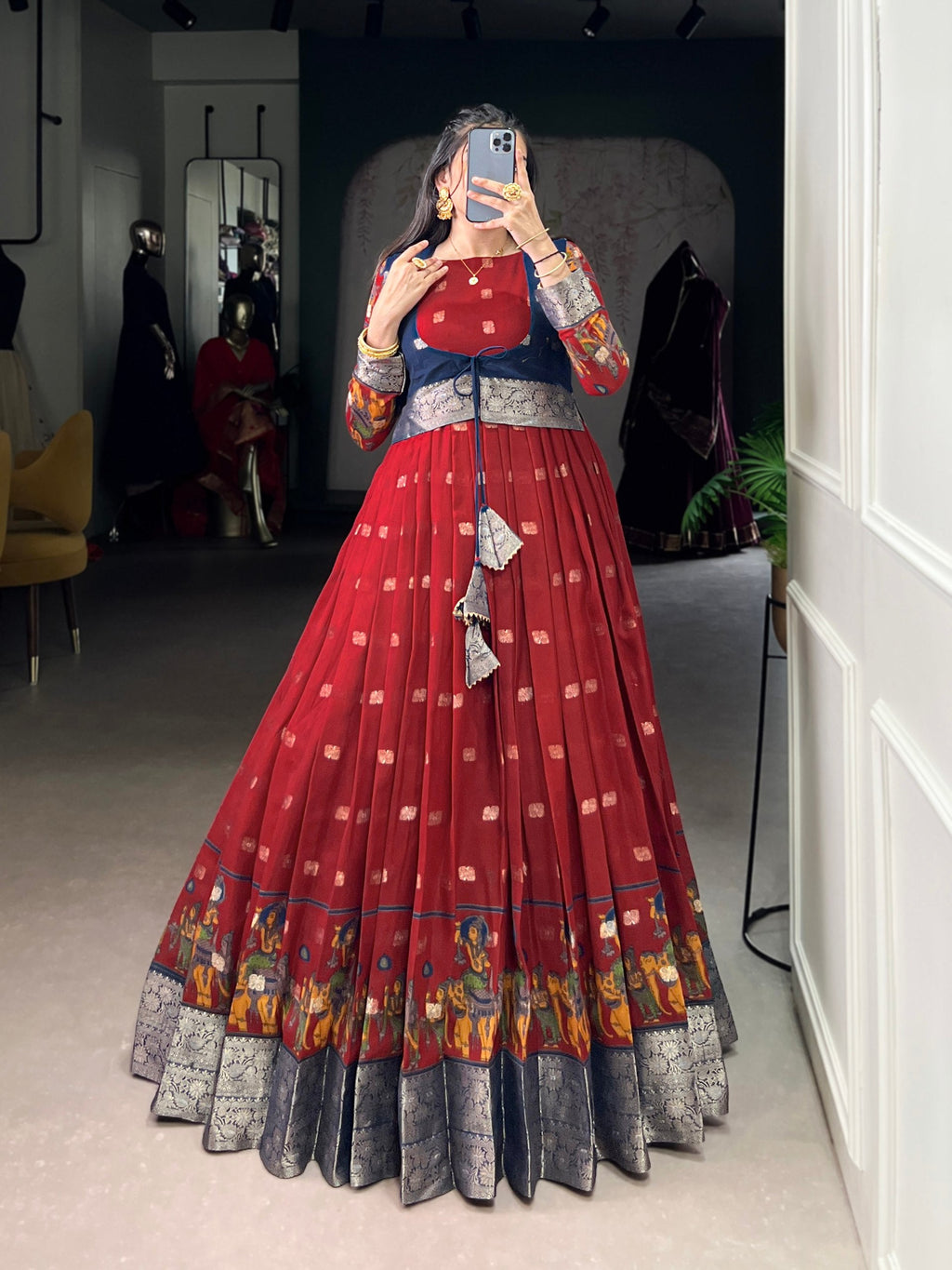 Maroon Kalamkari Printed Poly Cotton Gown with Zari Weaving Koti Set ClothsVilla