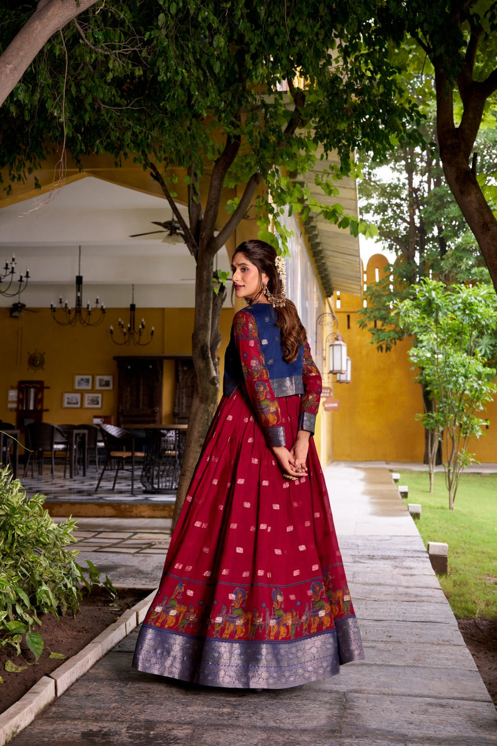 Maroon Kalamkari Printed Poly Cotton Gown with Zari Weaving Koti Set ClothsVilla