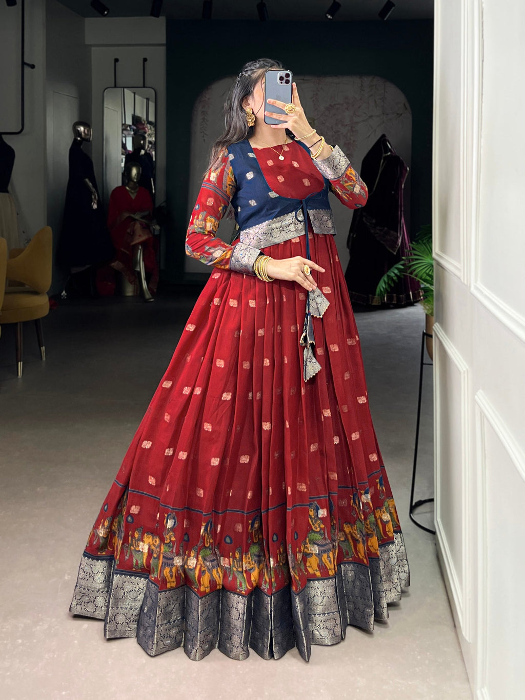 Maroon Kalamkari Printed Poly Cotton Gown with Zari Weaving Koti Set ClothsVilla