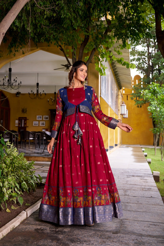 Maroon Kalamkari Printed Poly Cotton Gown with Zari Weaving Koti Set ClothsVilla