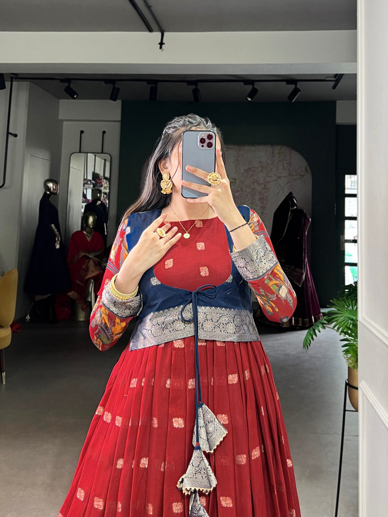 Maroon Kalamkari Printed Poly Cotton Gown with Zari Weaving Koti Set ClothsVilla