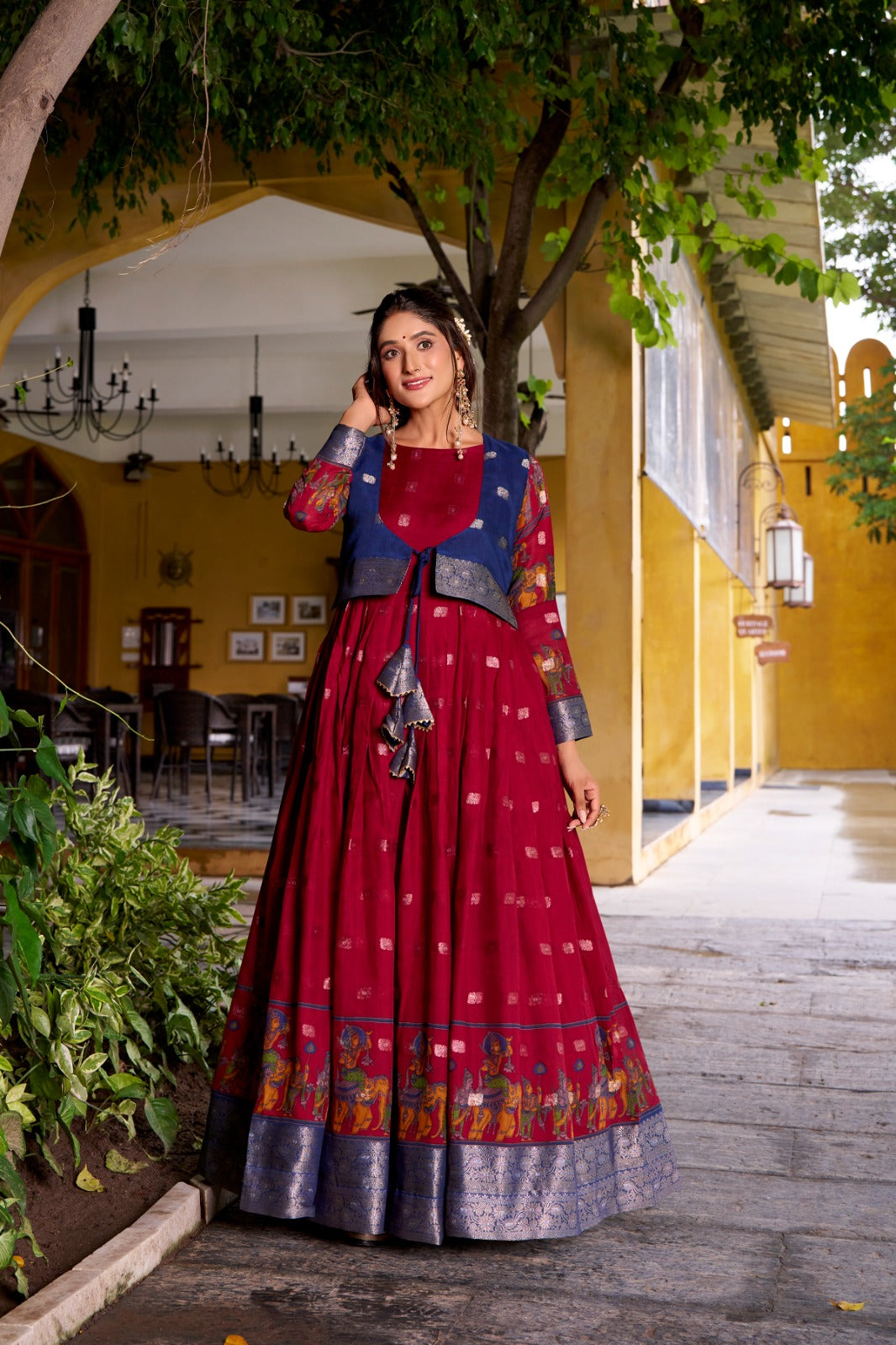 Maroon Kalamkari Printed Poly Cotton Gown with Zari Weaving Koti Set ClothsVilla
