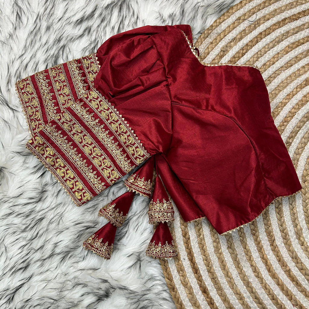 Maroon Kilmora Silk Blouse with Handcrafted Embroidery and Sequence Accents ClothsVilla