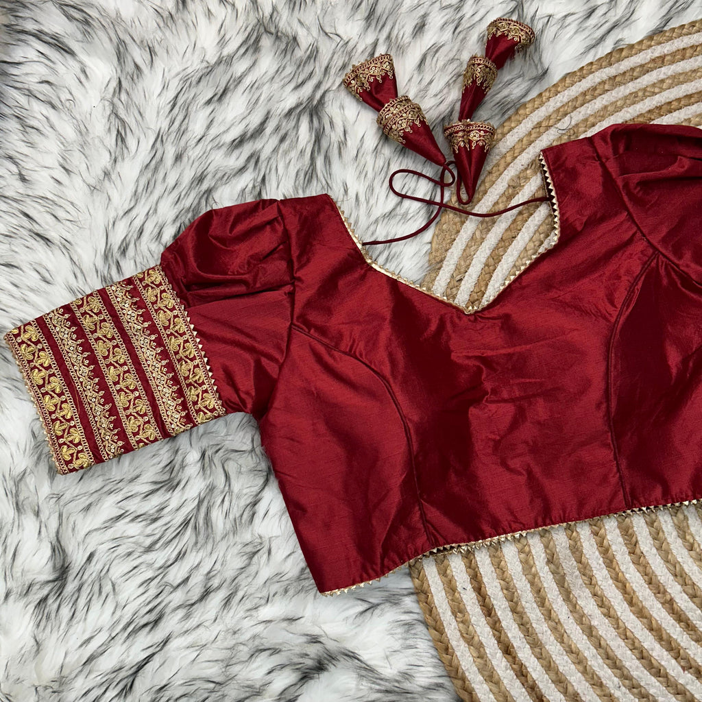 Maroon Kilmora Silk Blouse with Handcrafted Embroidery and Sequence Accents ClothsVilla