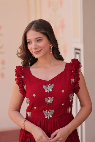 Maroon Luxe Faux Blooming Embroidered Gown with Double Frill Sleeves Clothsvilla
