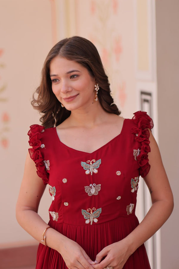 Maroon Luxe Faux Blooming Embroidered Gown with Double Frill Sleeves Clothsvilla