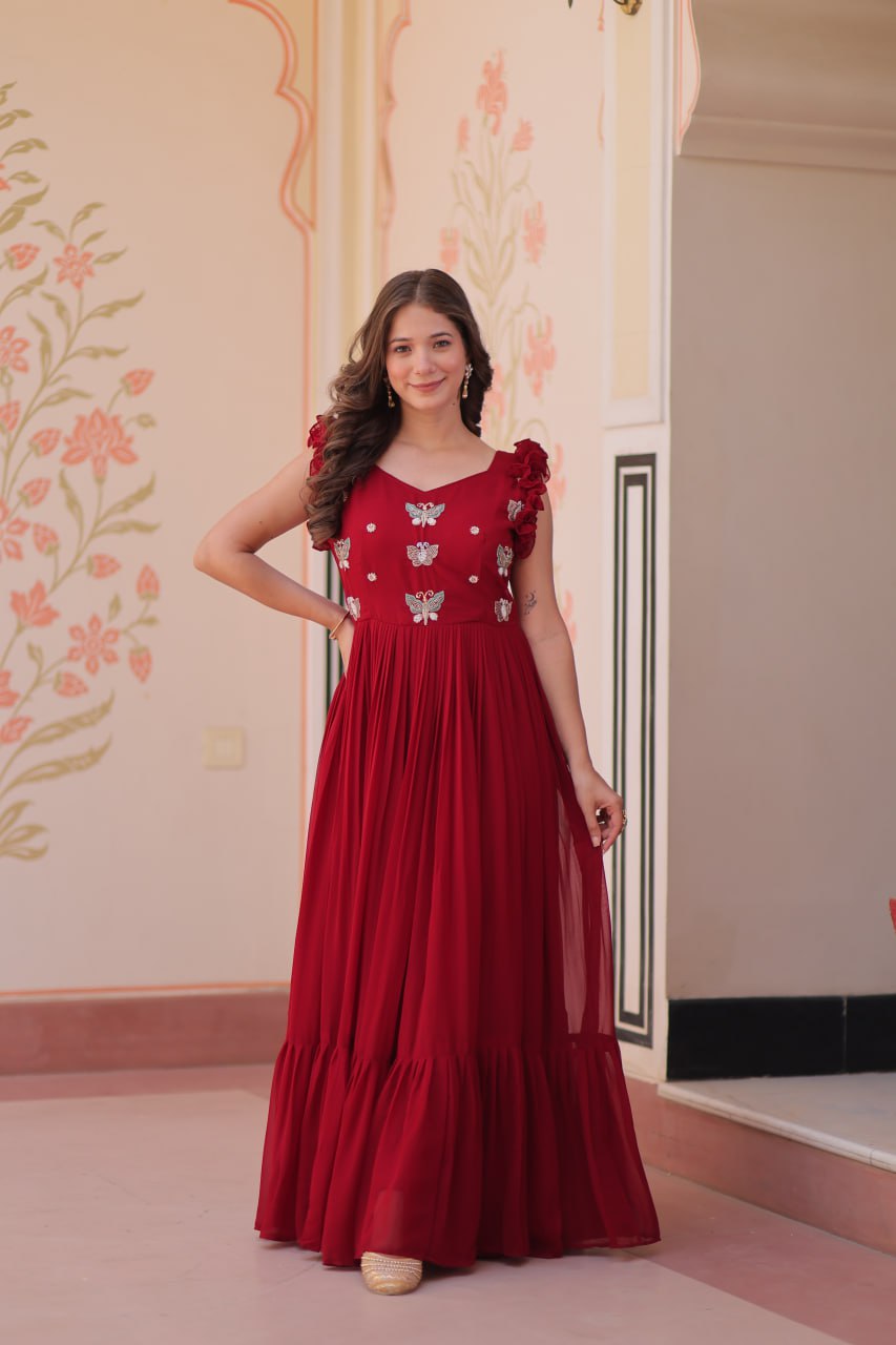 Maroon Luxe Faux Blooming Embroidered Gown with Double Frill Sleeves Clothsvilla