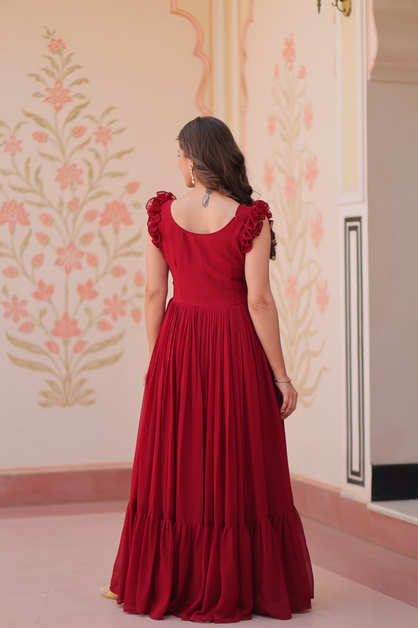 Maroon Luxe Faux Blooming Embroidered Gown with Double Frill Sleeves Clothsvilla