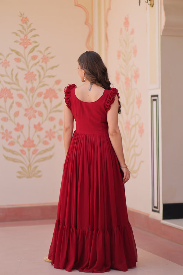Maroon Luxe Faux Blooming Embroidered Gown with Double Frill Sleeves Clothsvilla